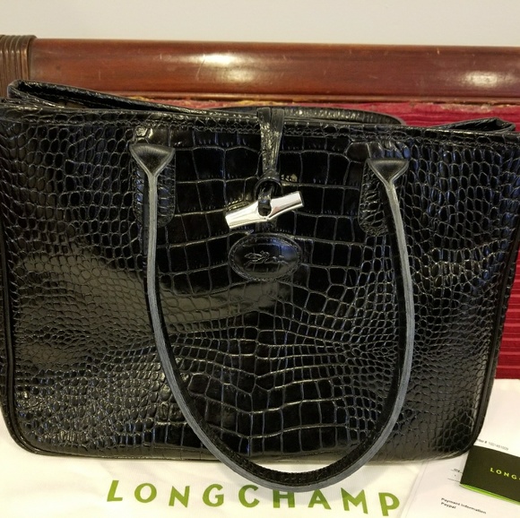 Longchamp Roseau Black Croc Embossed Tote Bag - Picture 2 of 6